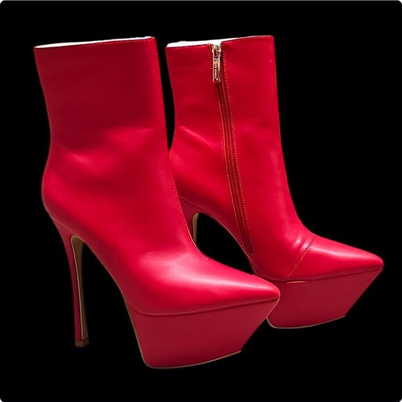 Red Platform Stiletto Heel Ankle Boots With Side Zipper Closure & Pointed Toe De - Picture 5 of 7